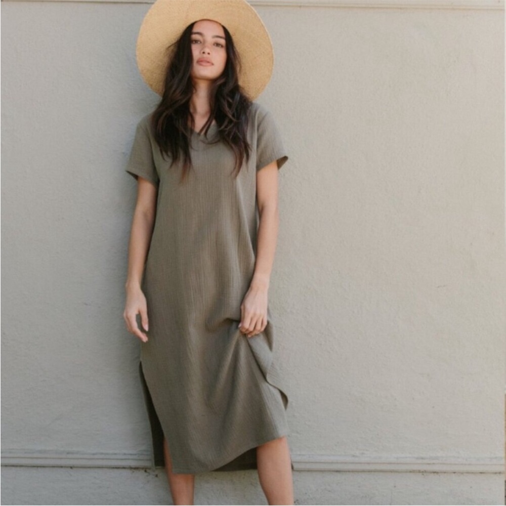 Jenni Kayne Cypress V Neck Caftan Gauze Midi Dress Olive Green Size XS
